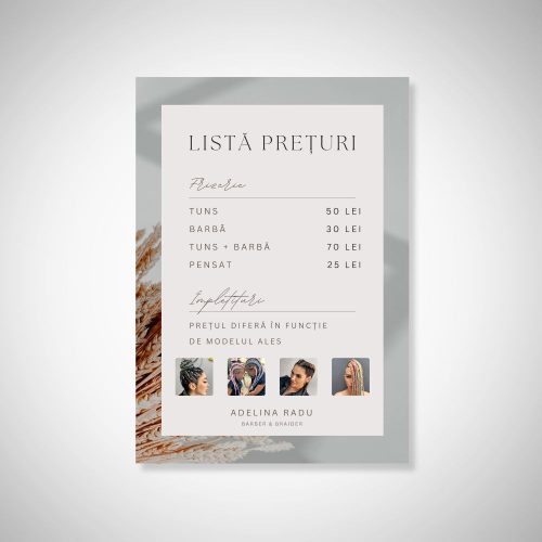 💈 Listă de Prețuri Tuns & Servicii Barber & Beauty – A4 cu Ramă