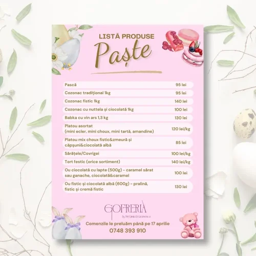 🎂 Listă de Produse pentru Cofetării – Afiș Tematic Personalizat cu Prețuri