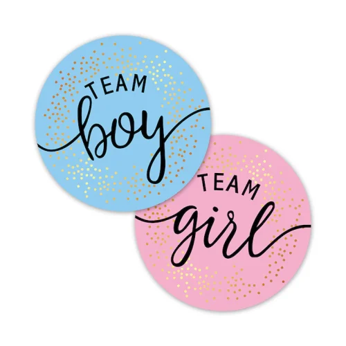 Set 60 Etichete Autocolante Gender Reveal – 50mm – Stickere Petrecere Fată/Băiat